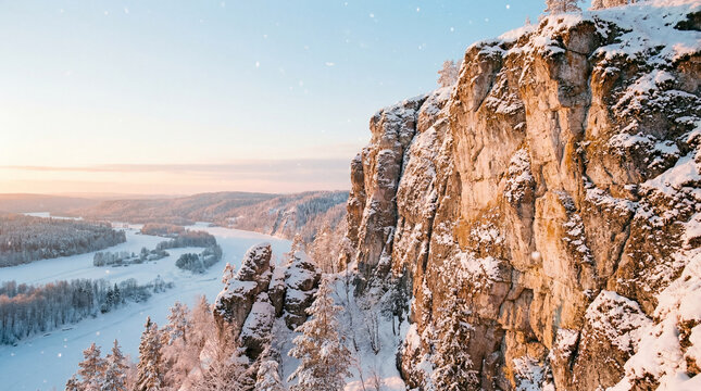 Snow-dusted cliff under pale winter sun with gentle falling snowflakes and frosty serene environment