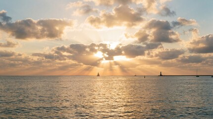 Fototapeta premium Peaceful Sea Horizon Glowing With Sunlight Beams Through Soft Clouds in a Calm Ocean Vista