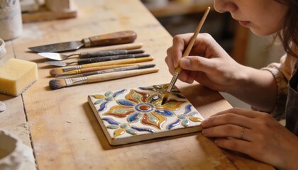 Obraz premium Woman decorating a ceramic tile with glaze using brush and vivid patterns