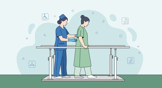 Physical therapy patient walking with nurse assistance using parallel bars for rehabilitation