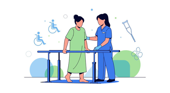 Physical therapy patient walking with nurse support in parallel bars, rehabilitation concept