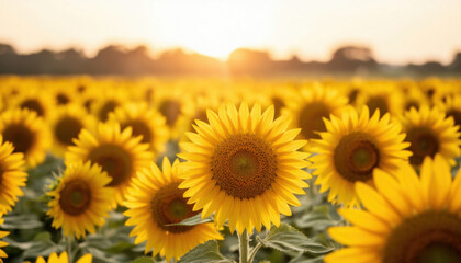 Obraz premium A field of sunflowers stretches toward the horizon where the sun sets. The sunflowers are vibrant, and their yellow petals create a bright scene under the warm light.