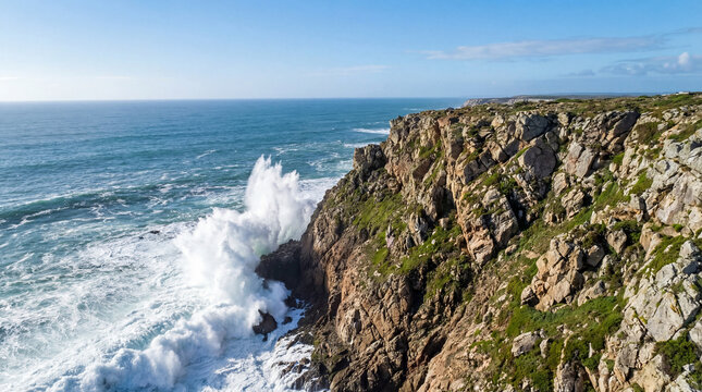 Aerial view of rugged cliff edge with rocky textures and lush green tufts overlooking dramatic landscape