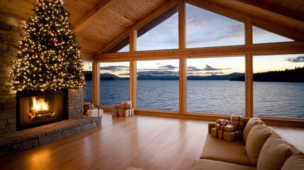 Naklejka premium seasonal Christmas Winter Holiday A warmly lit living room with a decorated Christmas tree, presents piled underneath, and a crackling fireplace, creating a cozy and festive atmosphere.