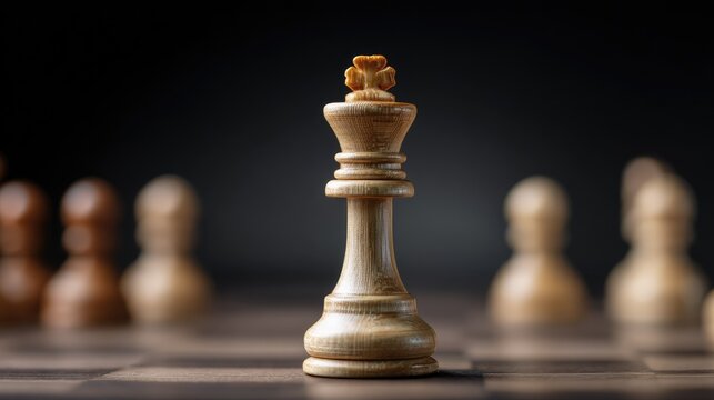 Elegant wooden chess king piece stands prominently in the foreground with blurred pawns in the background on a classic chessboard in soft lighting