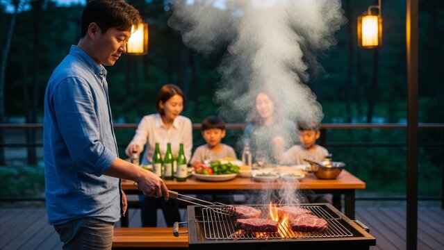 BBQ - Asian Man Grilling Thick Beef Steaks on Charcoal Grill at Outdoor Family Dinner Party on Wooden Deck at Dusk