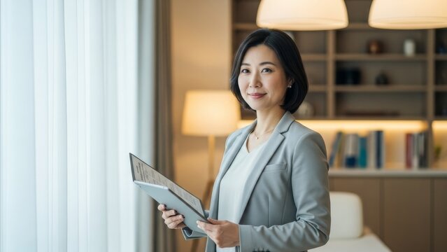 Business - Asian Professional Woman in Gray Blazer Holding Documents Standing in Modern Office