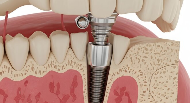 Dental Implant Integration into Jawbone Structure Showing Titanium Screw Fusion with Bone Tissue Detailed Medical Illustration
