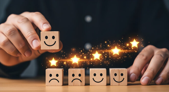 Excellent Customer Feedback Concept with Hand Placing Smiley Face Wooden Block for Business Rating and Service Evaluation.