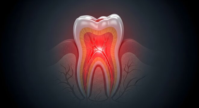Realistic Medical Visualization of Tooth Nerve Pain with Radiating Glow from Pulp Area Indicating Deep Infection