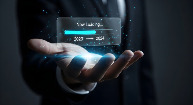 Futuristic New Year transition with a businessman holding a digital loading bar showing 2023 to 2024 for business planning and annual reports.