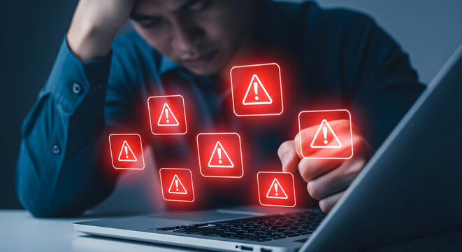 Frustrated Businessman Facing System Error with Red Warning Icons Floating Over Laptop Keyboard for Cybersecurity and Technical Support Concepts.