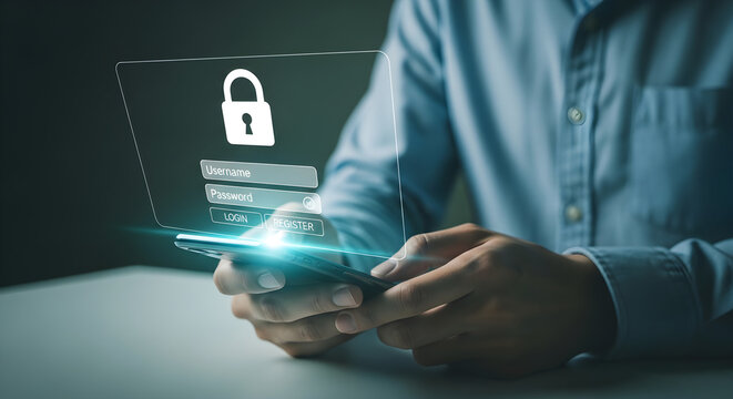 Secure Digital Access Man holding smartphone with holographic login interface and padlock icon for cybersecurity and data protection concepts.