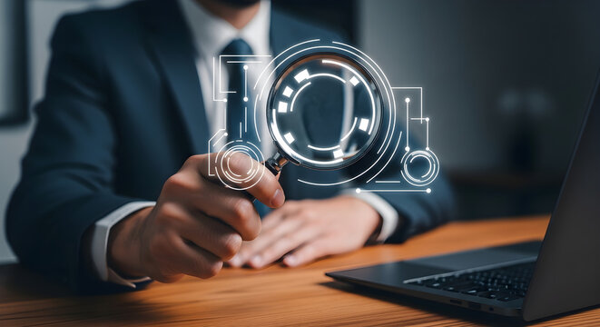 Professional Business Analysis with Businessman Holding Magnifying Glass Over Digital HUD Interface for Cybersecurity and Data Research.