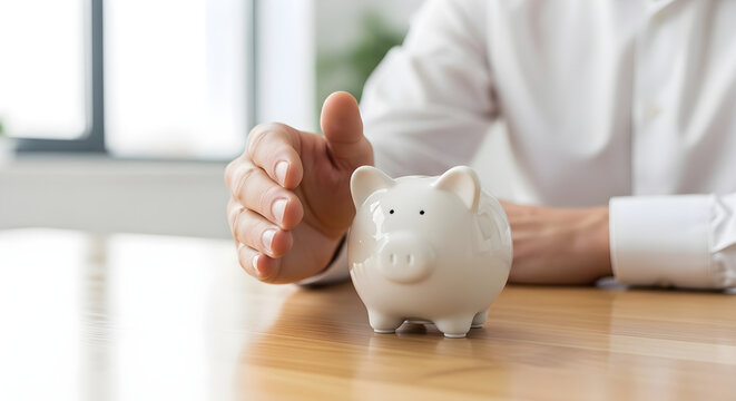 Secure Your Future with a White Piggy Bank Protected by a Businessman's Hand on a Wooden Desk, Ideal for Financial Services and Investment Planning Concepts.
