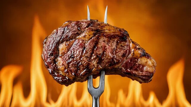 Juicy marbled beef steak grill skewered on fork in upright position, fiery flames behind, rich juices, premium quality, 4K video