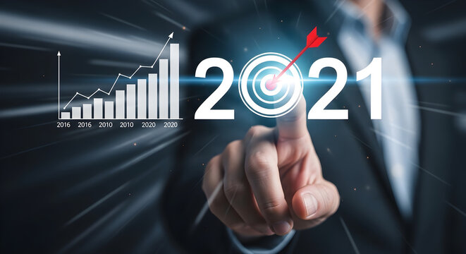 Business Success and Goal Setting for 2021 with Businessman Pointing at Digital Target and Growth Chart for Financial Reports.