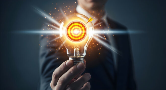 Innovative Business Strategy showing a hand holding a glowing light bulb with a target and arrow inside for marketing concepts and goal achievement presentations.