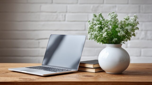 Modern Workspace with Laptop, Potted Plant, and Books on Wooden Desk Against a Bright White Brick Wall for a Stylish and Productive Environment