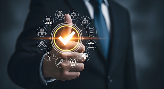Business Success and Quality Assurance with Businessman Giving Thumbs Up and Glowing Checkmark for Corporate Compliance.