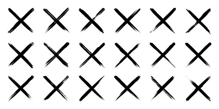 Grunge crosses, brush strokes, x mark, lines, ink smudges, hand-drawn scribble shapes. Handmade sketchy marks, acrylic stains, charcoal streaks. Paint textures, dry brush effect. Vector illustration