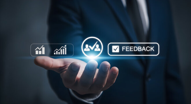 Professional Business Feedback Concept with Businessman Holding Glowing Digital Icons of Growth Charts and Customer Satisfaction Symbols for Corporate Presentations.