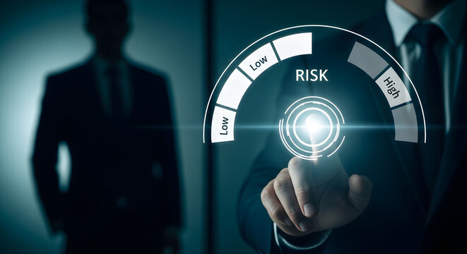 Strategic Risk Assessment with businessman pointing at a digital risk level gauge for financial planning and corporate security presentations.