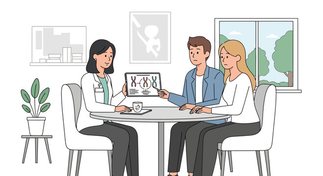 Doctor explains genetic test results to a couple, showing chromosomes on a tablet