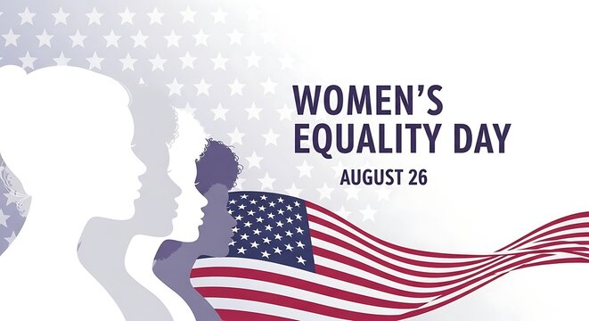 Womens equality day illustration with diverse female silhouettes and flag