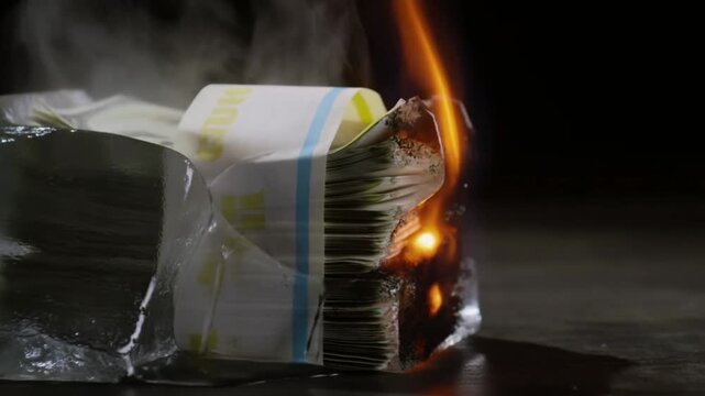 Slow motion close up static shot of burning bundle of banknotes melting inside ice block on dark surface