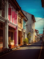 Fototapeta premium Colorful Colonial Street in Southeast Asia Vintage Architecture Travel Scene