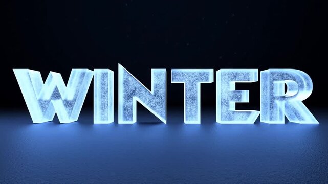 Slow motion tracking dolly shot of icy 3d letters spelling winter glowing on reflective dark studio floor