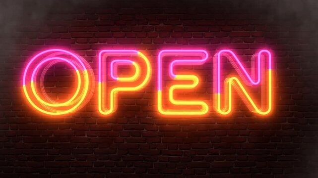 Static shot of neon open sign glowing and flickering with drifting smoke on brick wall in dark storefront interior at night