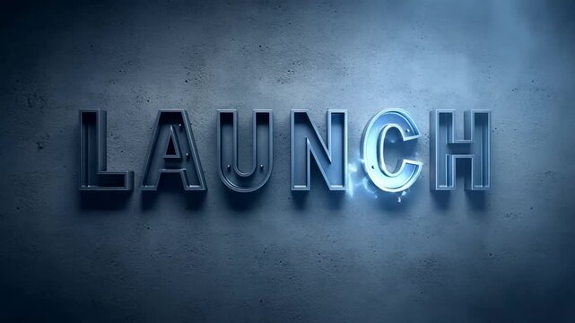 Slow motion tracking shot of launch letters powering up and illuminating on textured concrete wall in studio interior