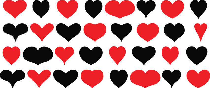 Seamless red and black heart pattern on transparent background, hand drawn vector icon illustration for love, valentine, textile, print and design use