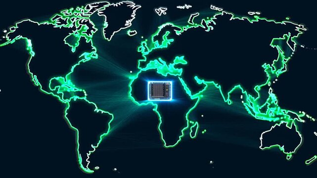 Zoom in on server node broadcasting global network connections across illuminated world map in digital data visualization