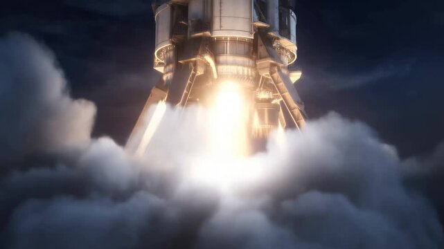 Tracking shot dolly zoom of rocket engines igniting and lifting off from launch pad with towering exhaust plume and smoke at night desert launch facility