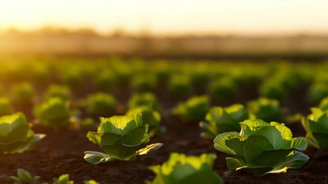 Tracking shot of young cabbage and lettuce plants swaying across farm field rows in warm sunrise light