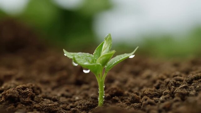 Slow motion close up static shot of seedling dripping water and emerging from soil in garden during morning spring growth