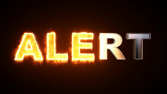 Static zoom shot of metal text alert igniting into flames and burning on dark studio background with centered fiery typography reveal