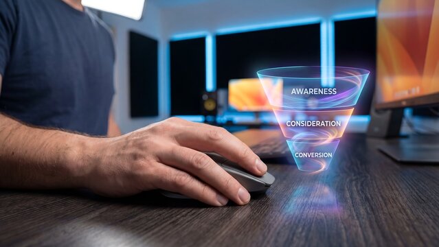 Business sales funnel visualization on a computer desk with a hand using a mouse, demonstrating customer journey stages