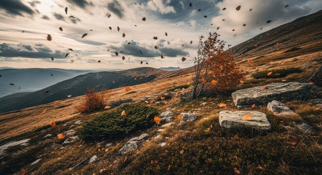 Autumn mountain pass with wind blowing colorful leaves and dramatic clouds
