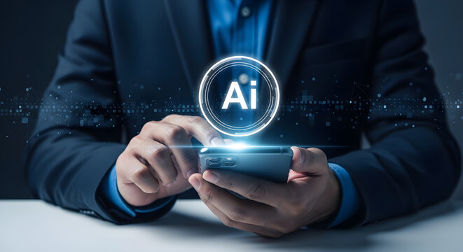 Artificial Intelligence Integration Businessman holding a smartphone with a glowing AI icon and digital network background for corporate tech presentations.