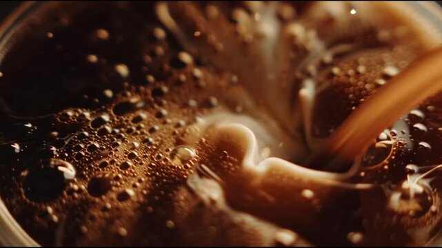 Close-up of rich, dark coffee being poured into a frothy beverage, creating dynamic swirls and appealing textures