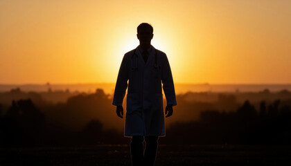 A man in a white coat stands silhouetted against a bright sunset. The sunset creates a striking backdrop for the man in the coat as he walks forward. © maxximmm