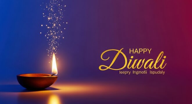 Happy diwali message with glowing diya and sparkles festival celebration
