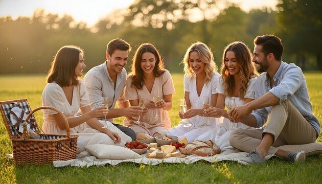 Cheerful friends enjoying outdoor recreation during a summer picnic concept, laughing while toasting with sparkling wine and sharing food on a park lawn at sunset