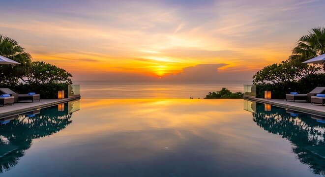 Sunset reflection in a resort swimming pool surrounded by palm trees and lounge chairs.