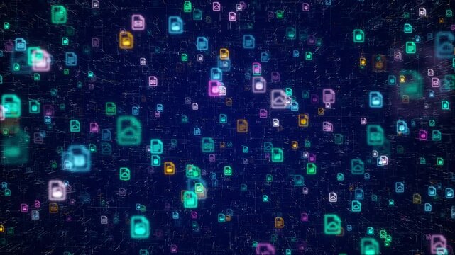 Colorful Glowing Digital File Icons Flying in Cyberspace, Big Data Transfer and Cloud Network Background Loop 4K