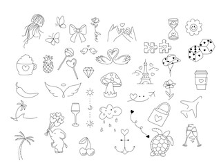Fototapeta premium Collection of diverse hand drawn sketches animals objects and abstract forms
